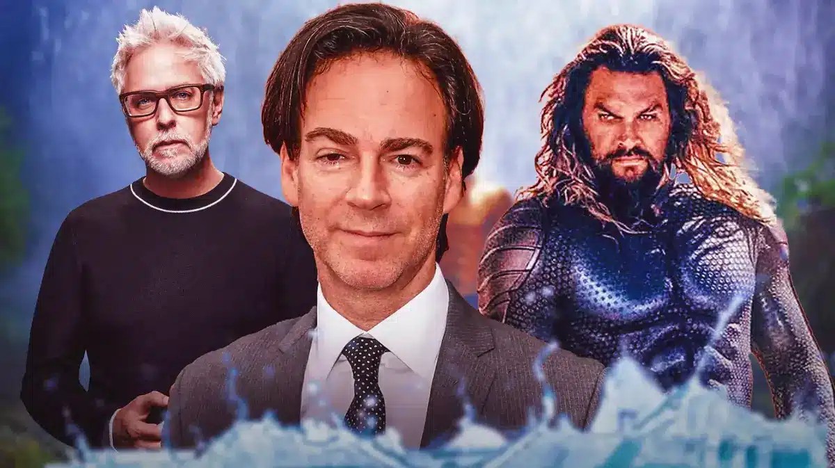 James Gunn, Peter Safarn, and DCU Jason Momoa as Aquaman.