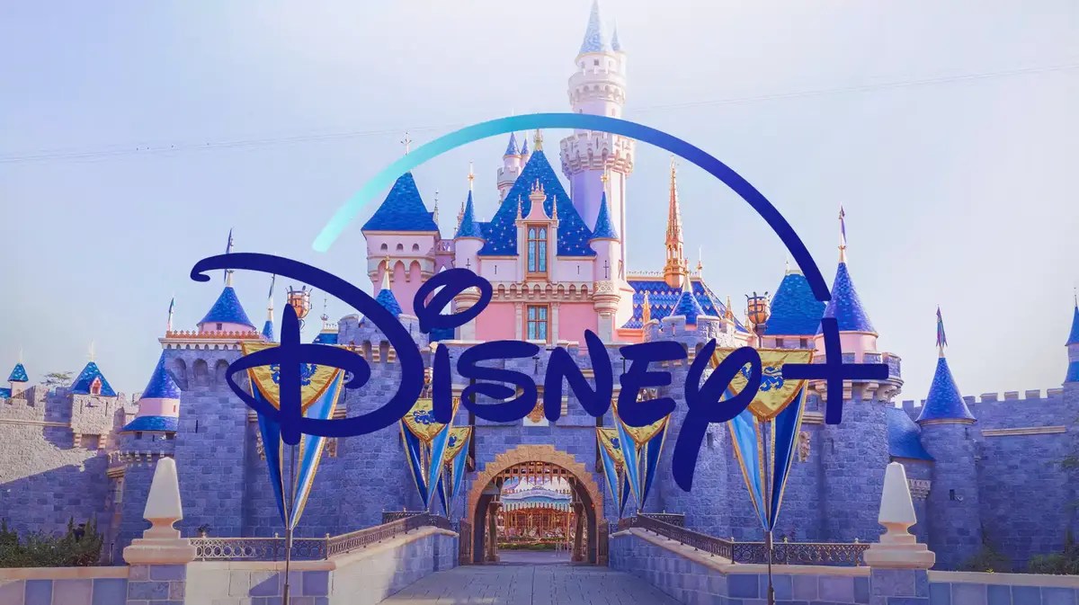 Disney+ logo with castle background.