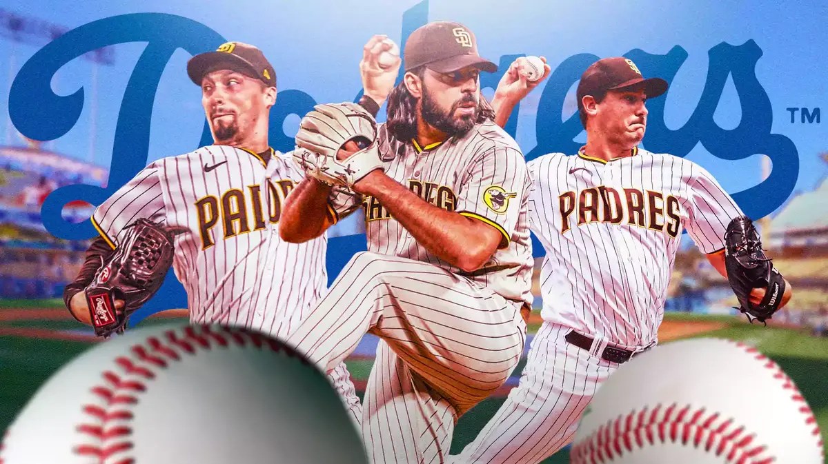 Dodgers logo in background. In front, need Padres' Blake Snell, Padres' Seth Lugo, and Padres' Nabil Crismatt all pitching baseballs.