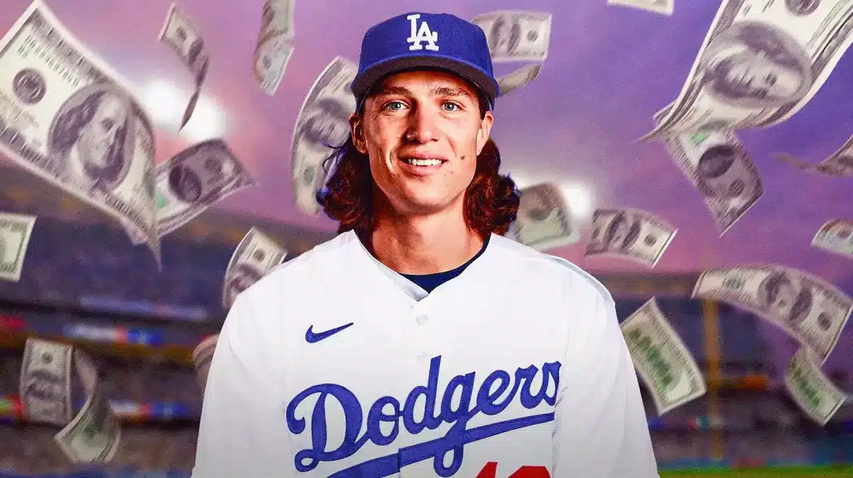 Tyler Glasnow in Dodgers uniform with a ton of money flying around him