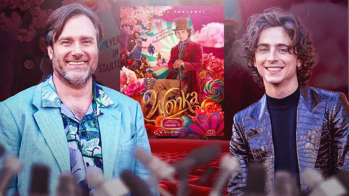 Wonka poster with director Paul King and Timothée Chalamet.