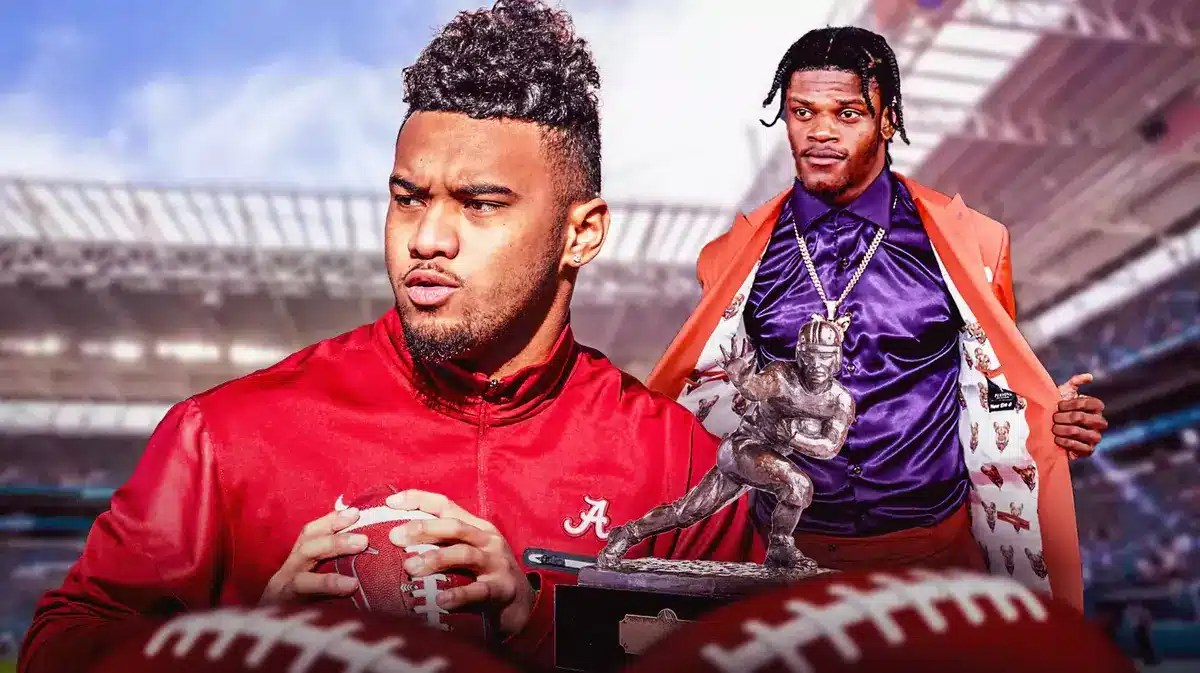 Dolphins QB Tua Tagovailoa in his Alabama gear, Lamar Jackson, and the Heisman Trophy