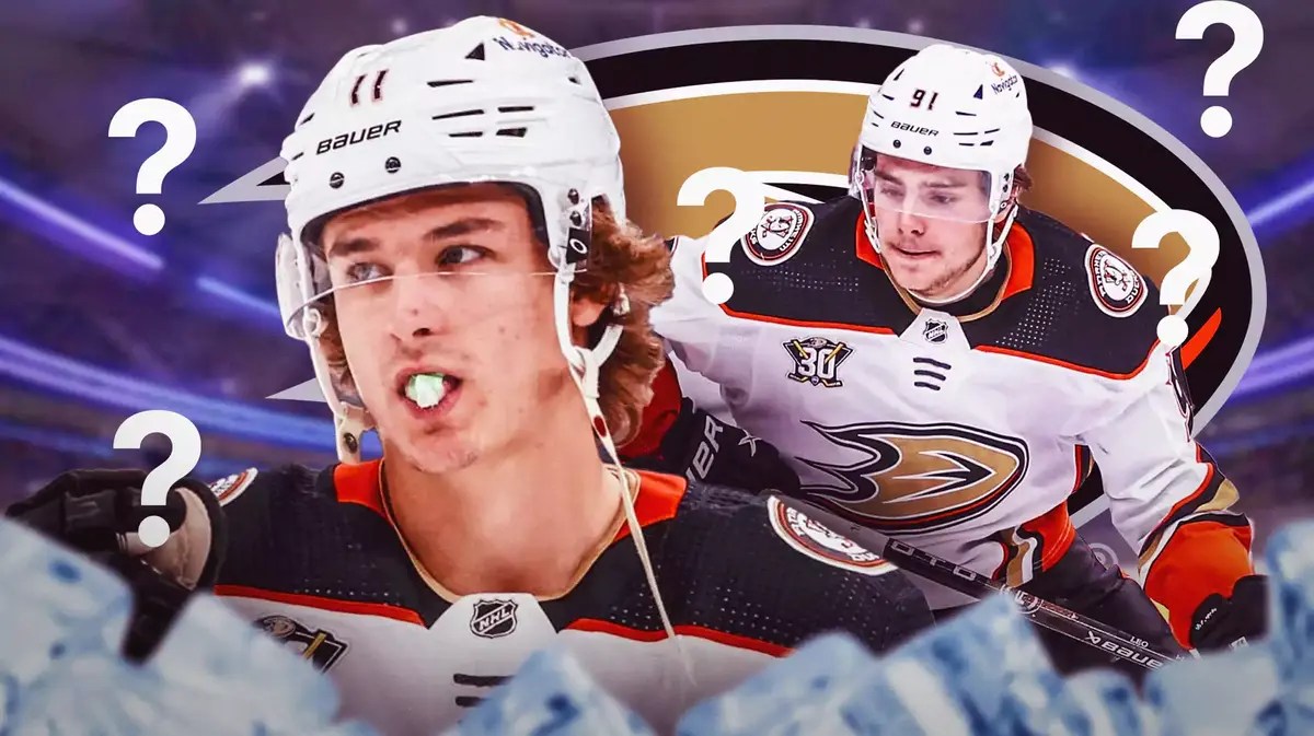 Trevor Zegras and Leo Carlsson both in image, a few question marks, ANA Ducks logo, hockey rink in background