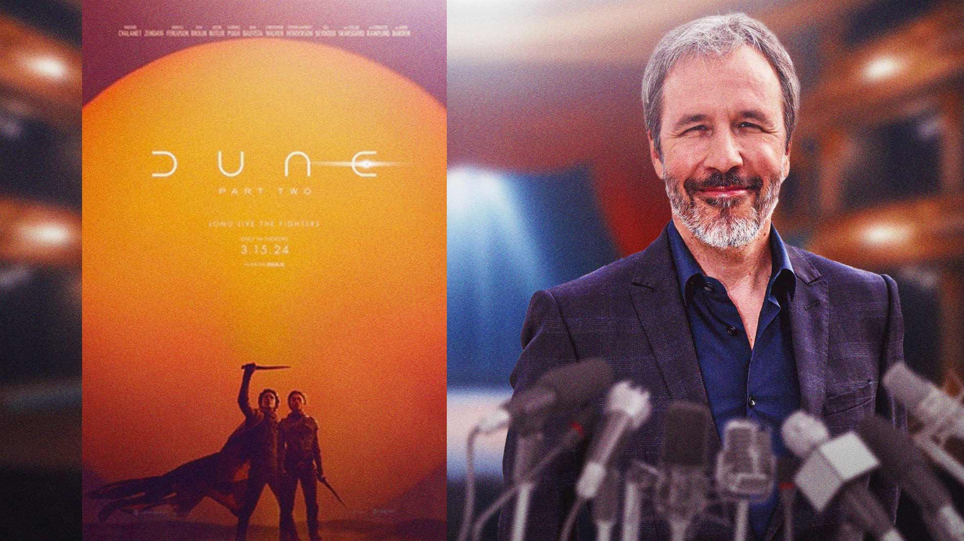 Dune: Part Two poster next to Denis Villeneuve.