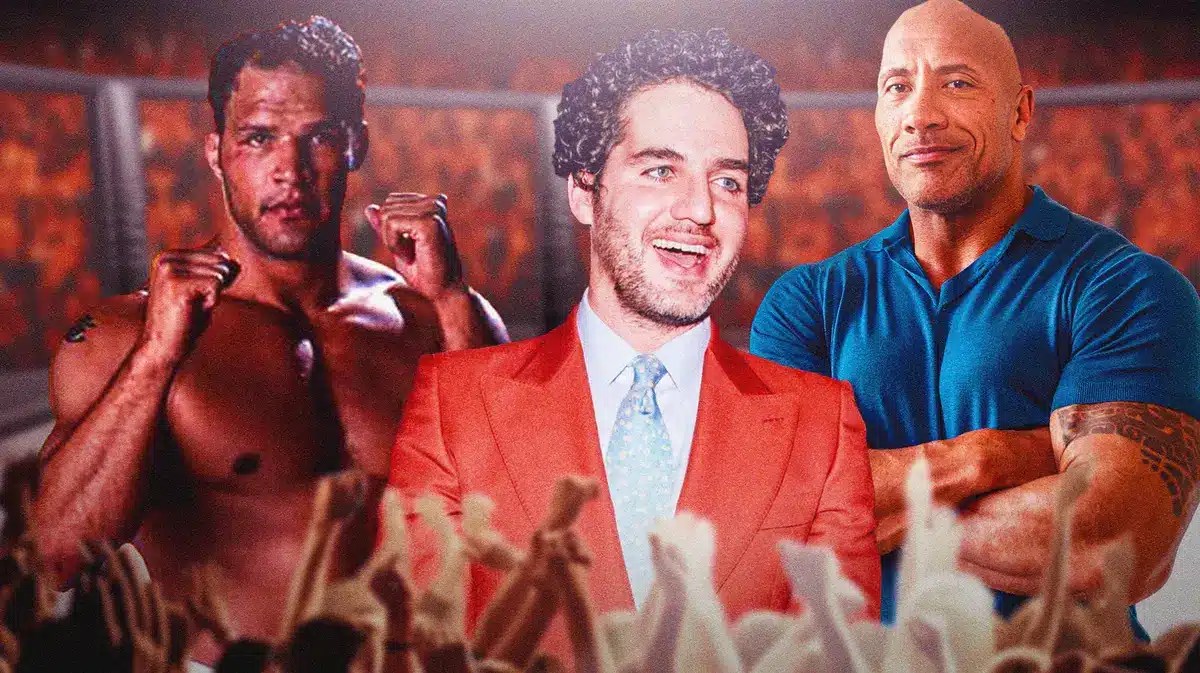 Mark Kerr, Benny Safdie, Dwayne Johnson with UFC Octagon background.