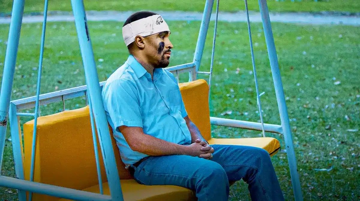 Jalen Hurts (Eagles) as the sad pablo escobar meme