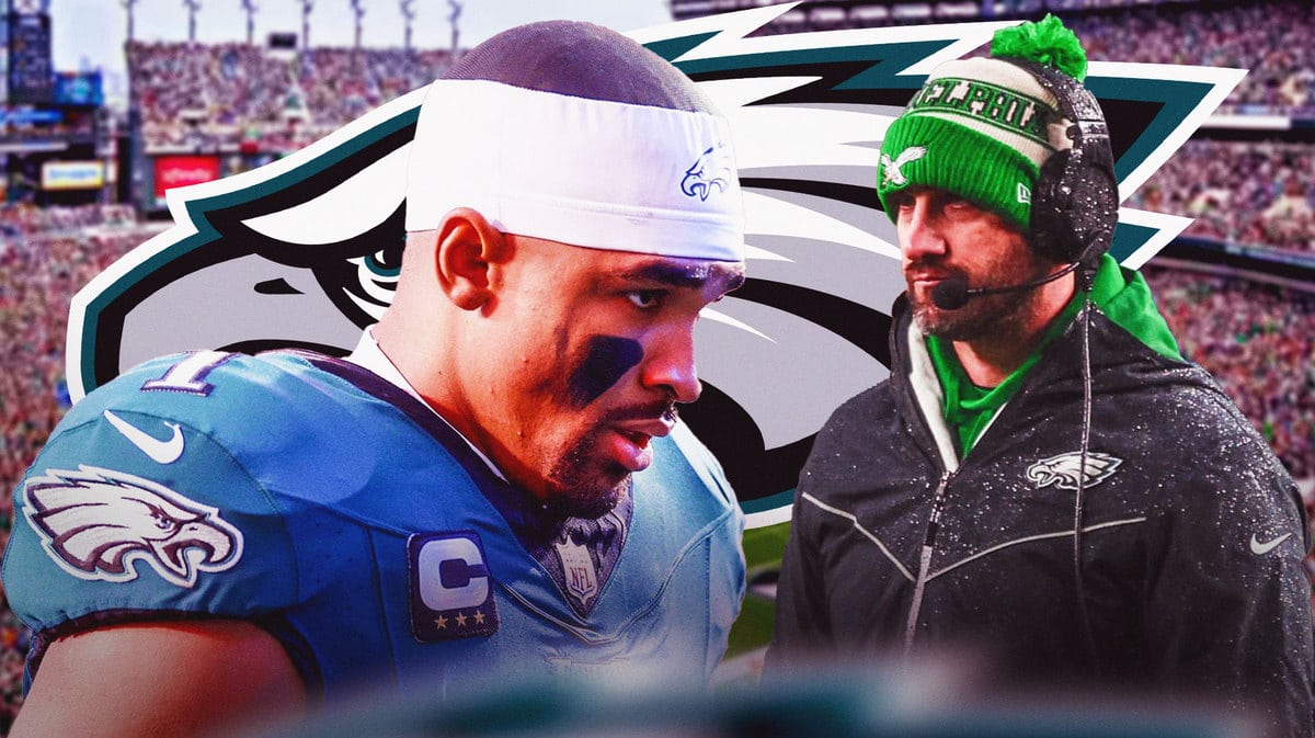 Eagles head coach Nick Srianni looks upset/shocked at Eagles Jalen Hurts who looks sad/upset. Include an Eagles logo in the image. Background is Lincoln Financial Field
