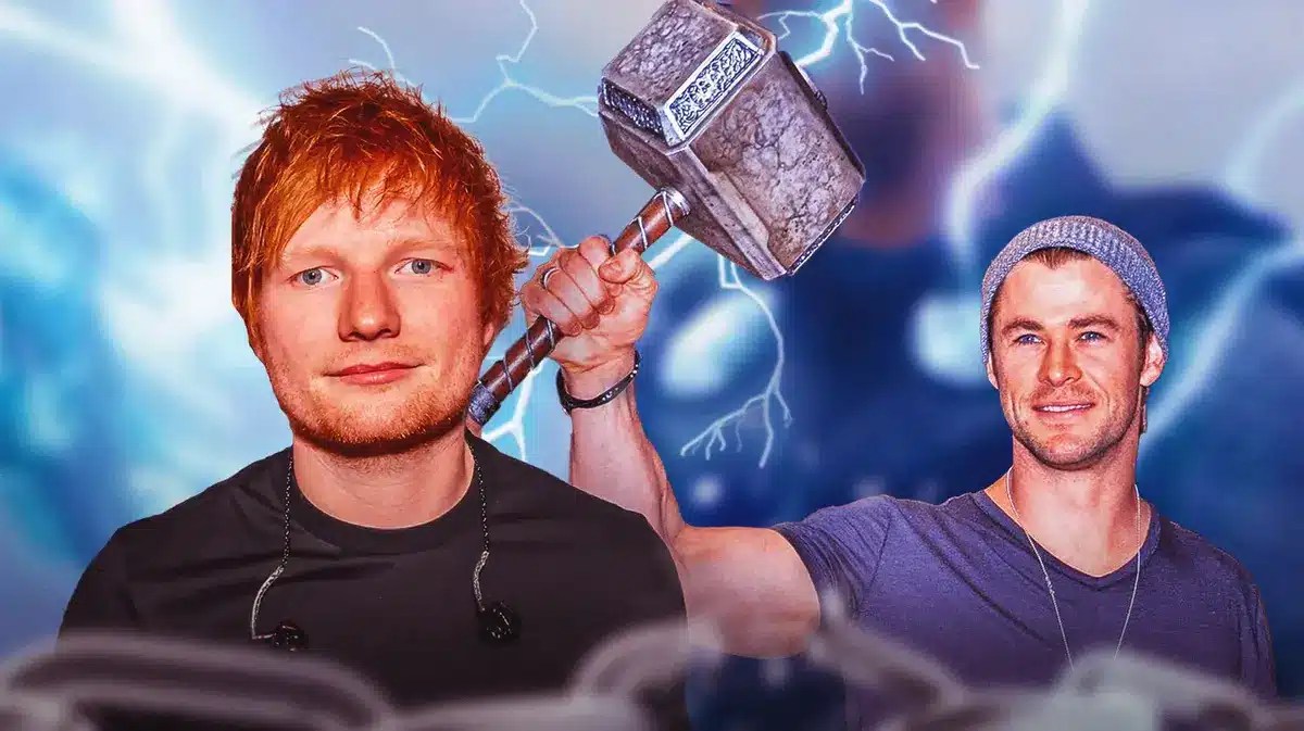 Ed Sheeran and Chris Hemsworth with Thor hammer.