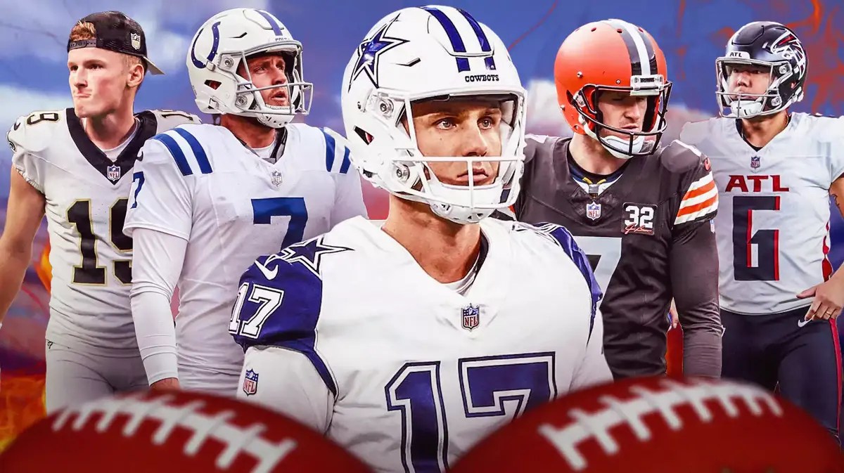Fantasy football Kickers Brandon Aubrey, Dustin Hopkins, Matt Gay, Blake Grupe, Younghoe Koo are all beside each other with flames in the background.