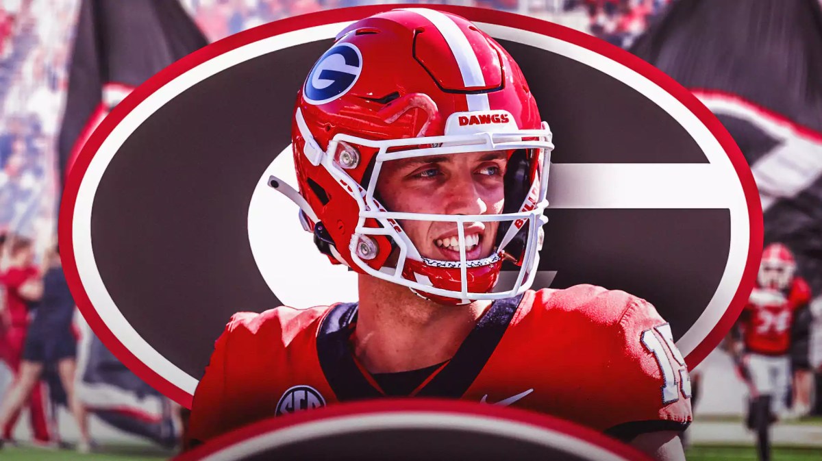 Georgia football, Bulldogs, Carson Beck, Carson Beck Georgia, Orange Bowl, Carson Beck in Georgia uni with Georgia football stadium in the background