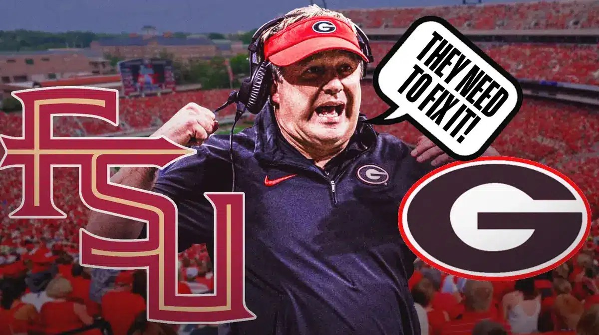 Kirby Smart between Florida State and Georgia football logos