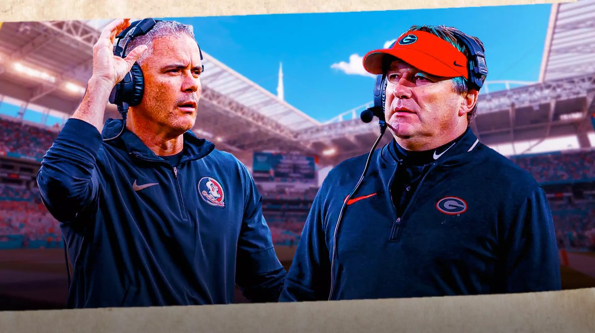 Georgia football, Florida State football, Orange bowl, Florida State football predictions, Georgia football predictions, Kirby Smart and Mike Norvell with Orange Bowl stadium in the background