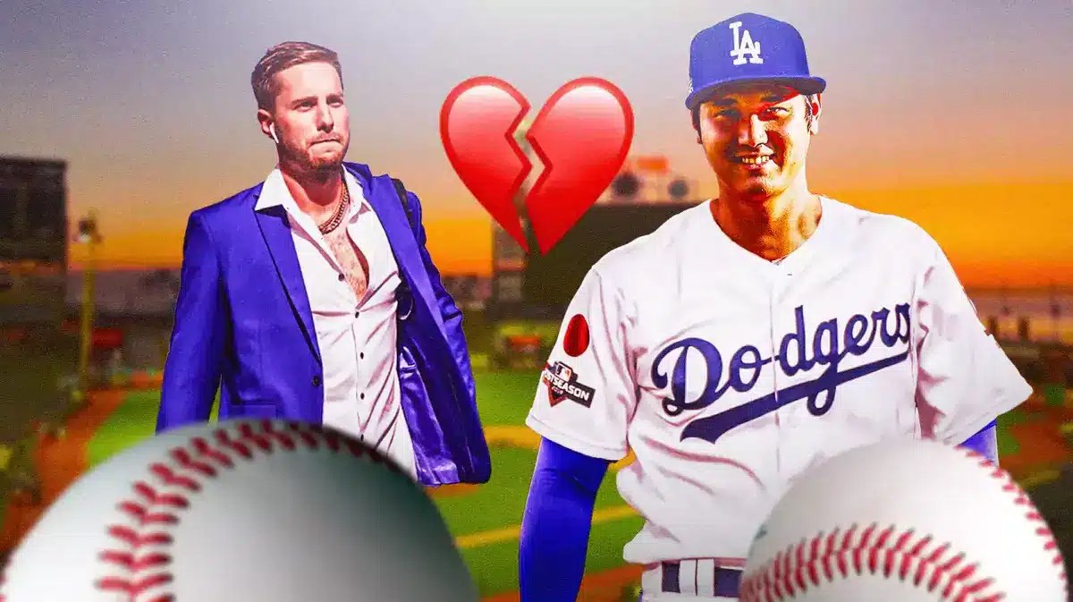 Buster Posey next to Shohei Ohtani with a broken heart between them