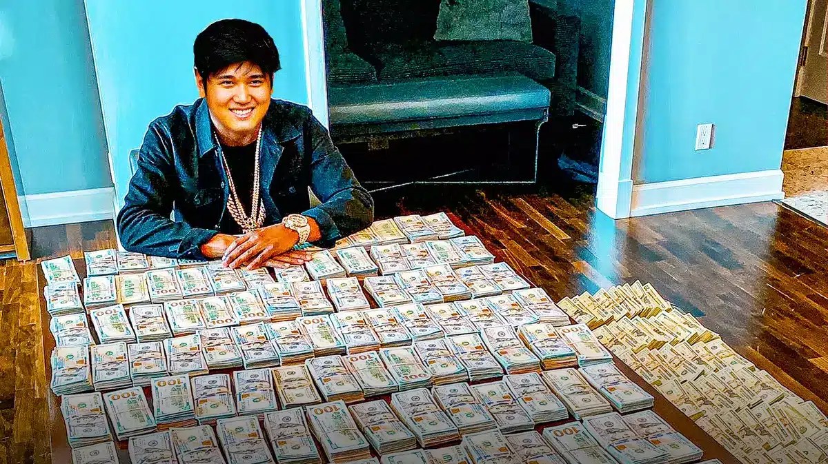 Shohei Ohtani as Floyd Mayweather with money on table