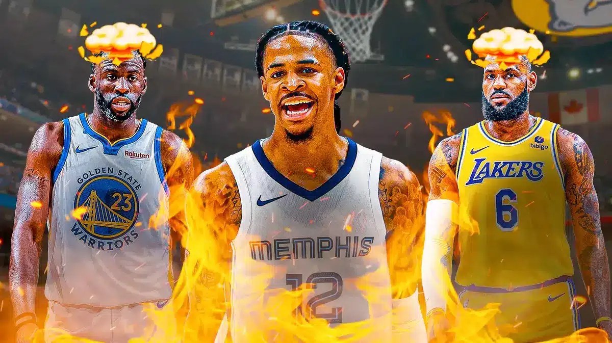 LeBron James, Draymond Green with mind-blown heads. In the middle is Ja Morant with fire aura