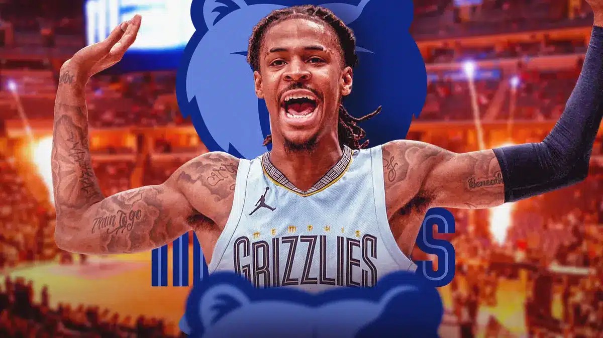 Ja Morant celebrating with Grizzlies logo in background