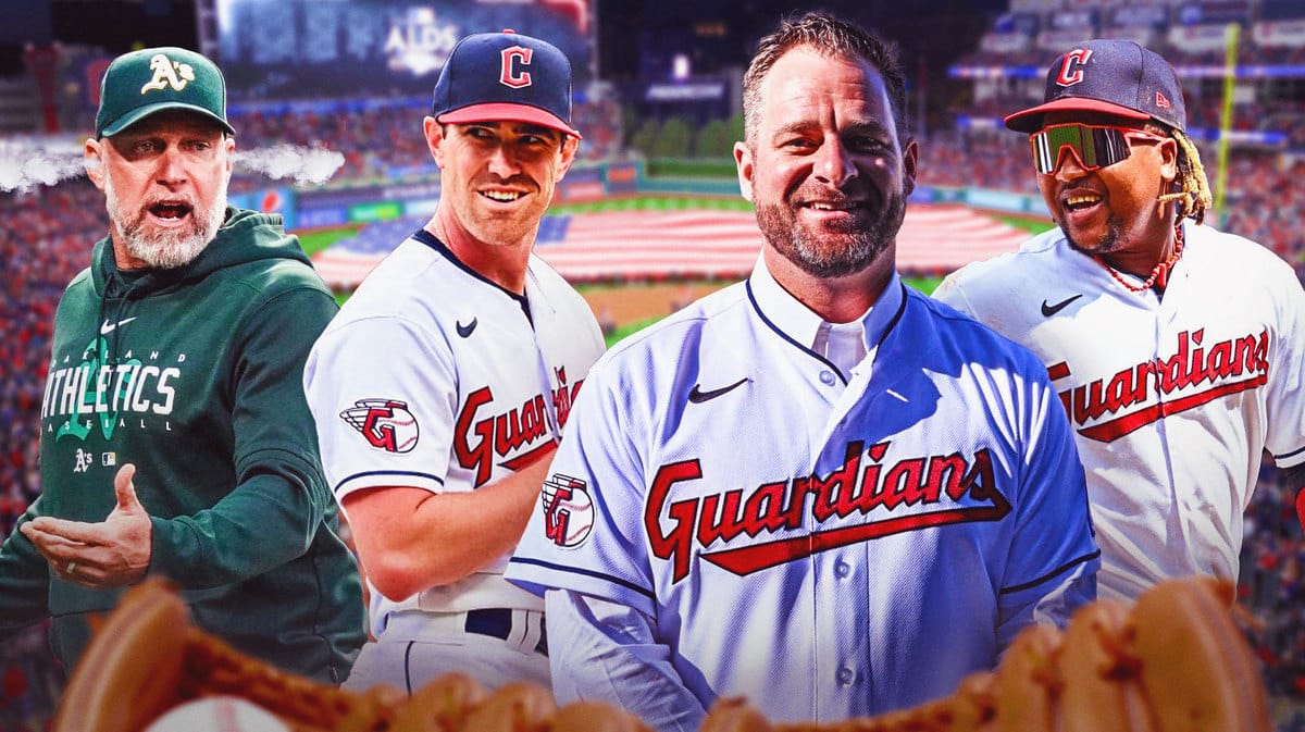 Guardians' Stephen Vogt, Guardians' Jose Ramirez, and Guardians' Shane Bieber all celebrating/smiling. Athletics' Mark Kotsay in background looking angry with smoke coming out of ears.