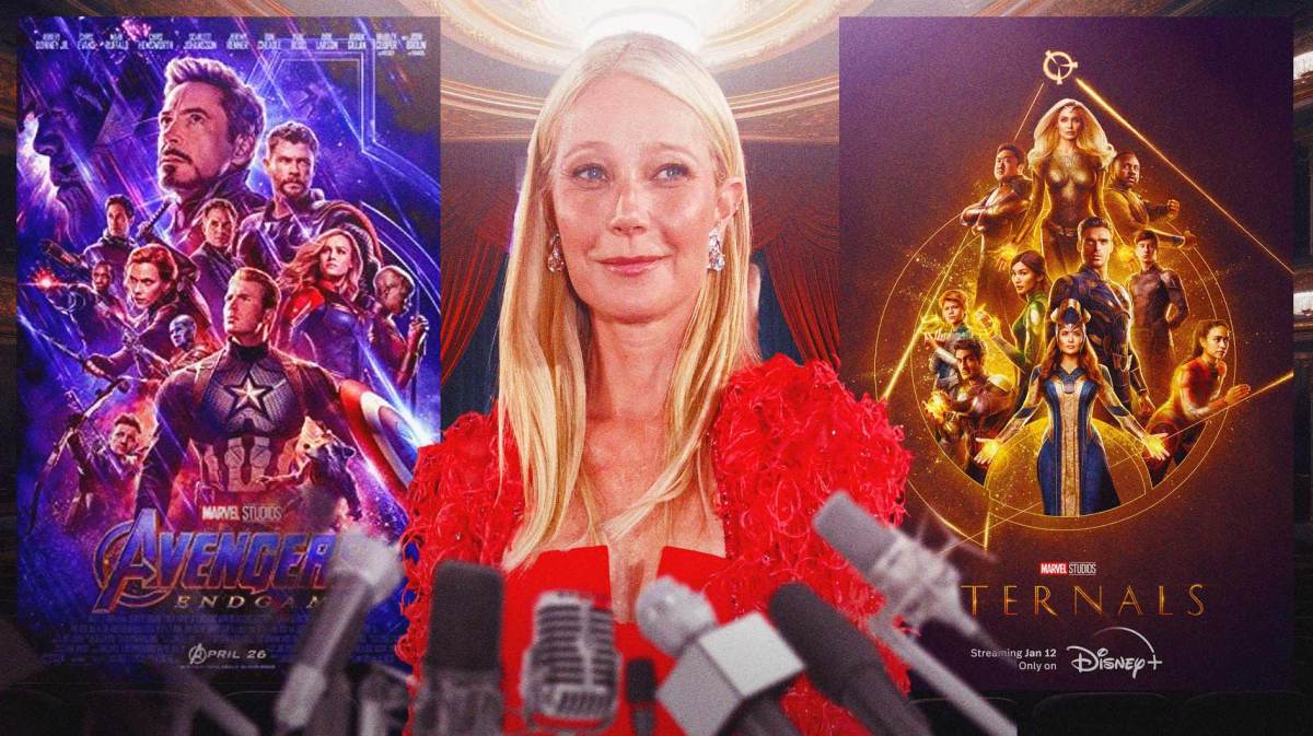 Gwyneth Paltrow with MCU posters for Avengers: Endgame and Eternals.