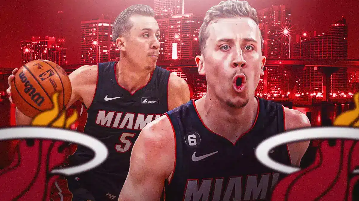 Miami Heat star Duncan Robinson in front of the city landscape.