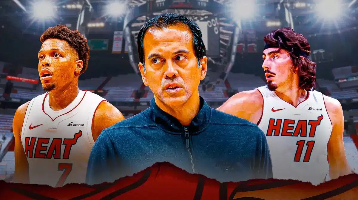 Miami Heat's Kyle Lowry, Erik Spoelstra, and Jaime Jaquez Jr. in front of the Kaseya Center.