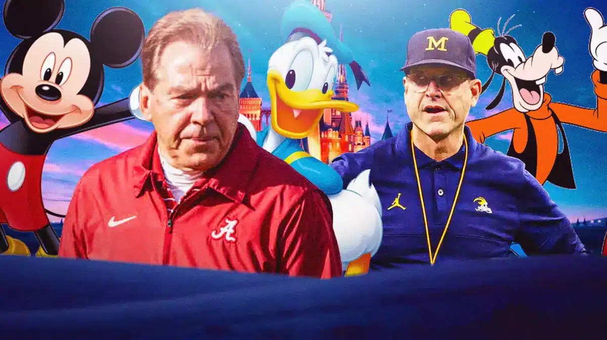 Alabama's Nick Saban and Michigan's Jim Harbaugh surrounded by Disney characters