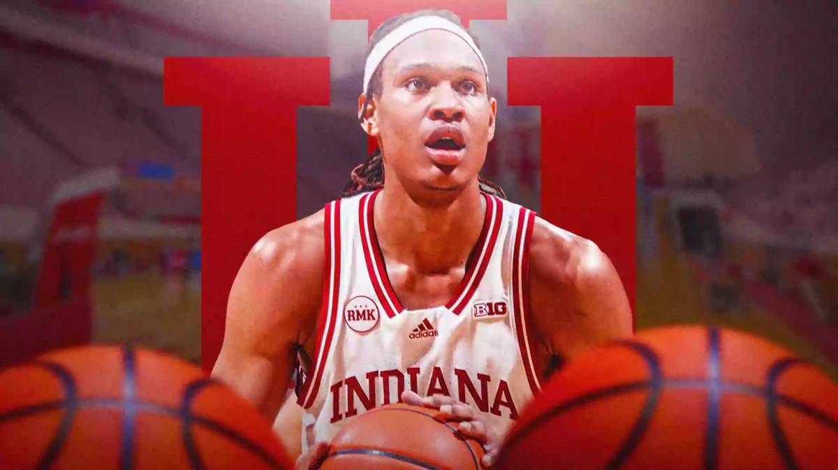 Indiana basketball, Hoosiers, Malik Reneau, Malik Reneau Indiana, North Alabama basketball, Malik Reneau in Indiana uni with Indiana basketball arena in the background