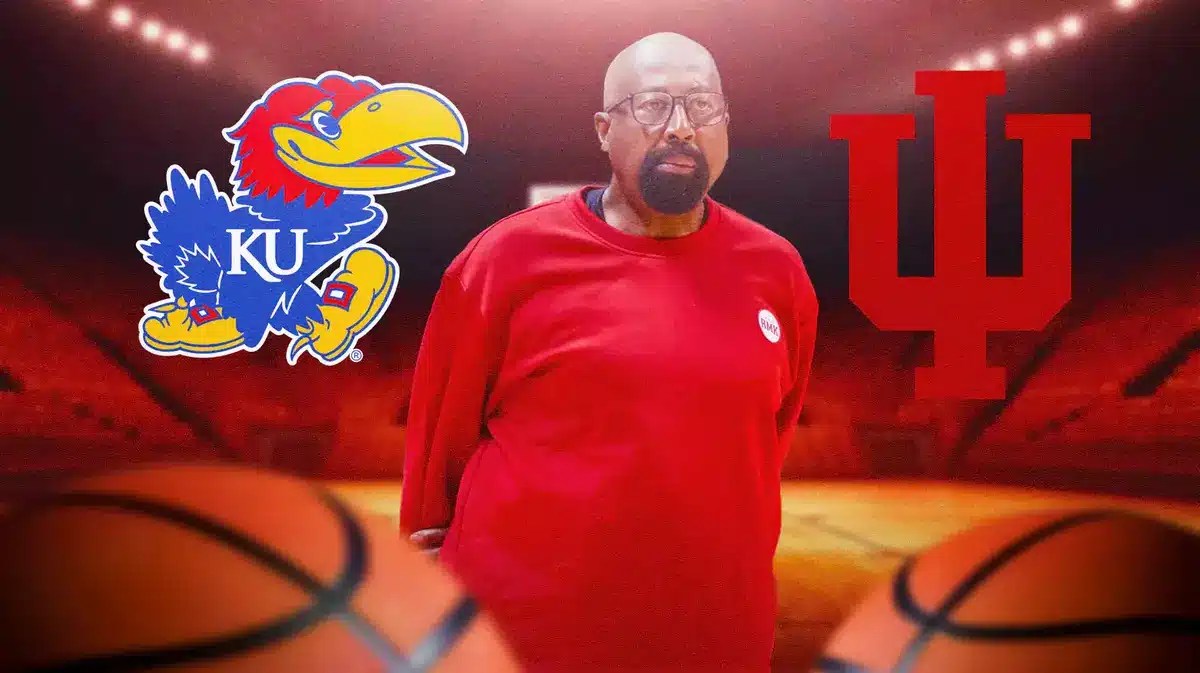 Photo: Mike Woodson with Indiana Hoosiers logo and Kansas Jayhawks logo behind him