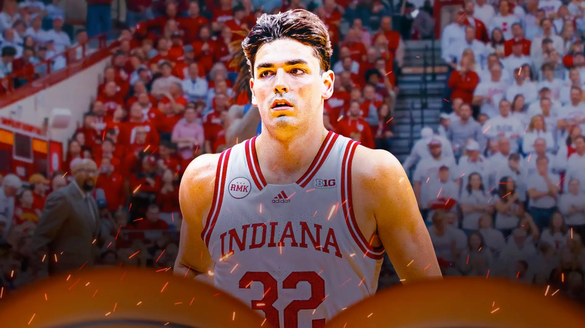 Indiana basketball, Hoosiers, Trey Galloway, Kansas basketball, Jayhawks, Trey Galloway in Indiana uni with Indiana basketball arena in the background