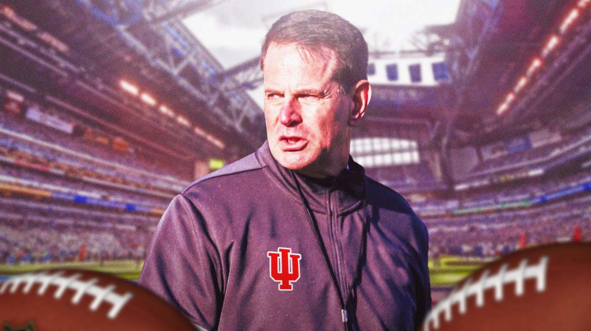 Indiana football, Hoosiers, Big Ten Championship, Curt Cignetti, Curt Cignetti Indiana, Curt Cignetti in Indiana gear with Lucas Oil Stadium in the background