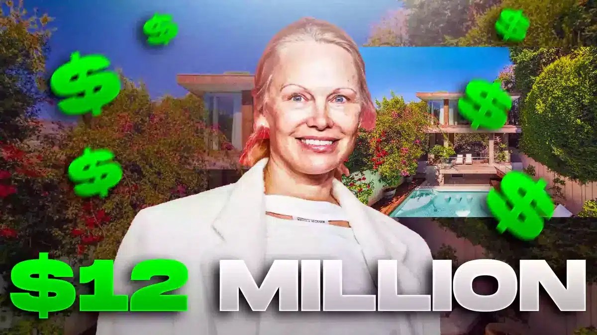 Pamela Anderson in front of her former beach house in Malibu, Calif.