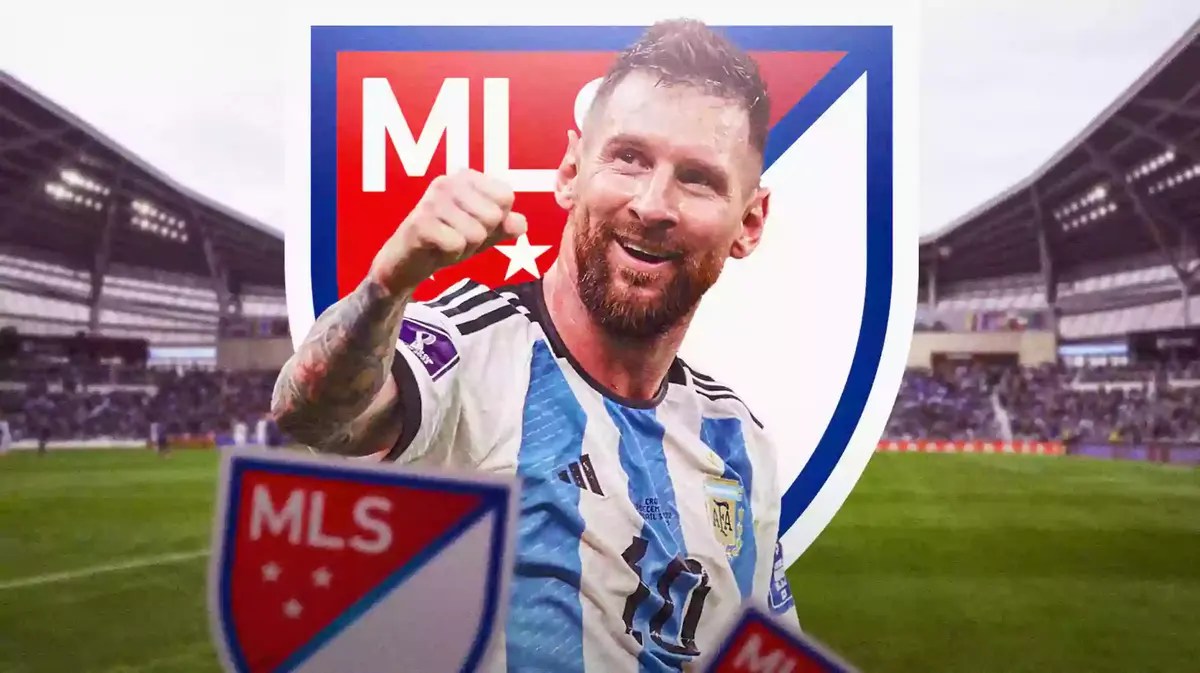 Lionel Messi in front of the MLS logo