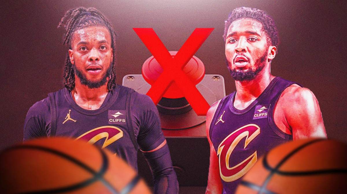 Cavs' Darius Garland, Donovan Mitchell with a red X over a panic button
