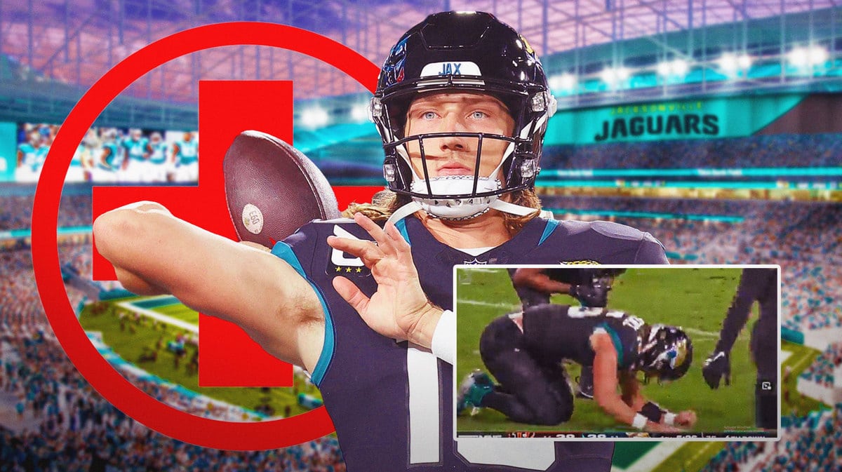 Trevor Lawrence (Jaguars) looking serious and with medical cross symbol