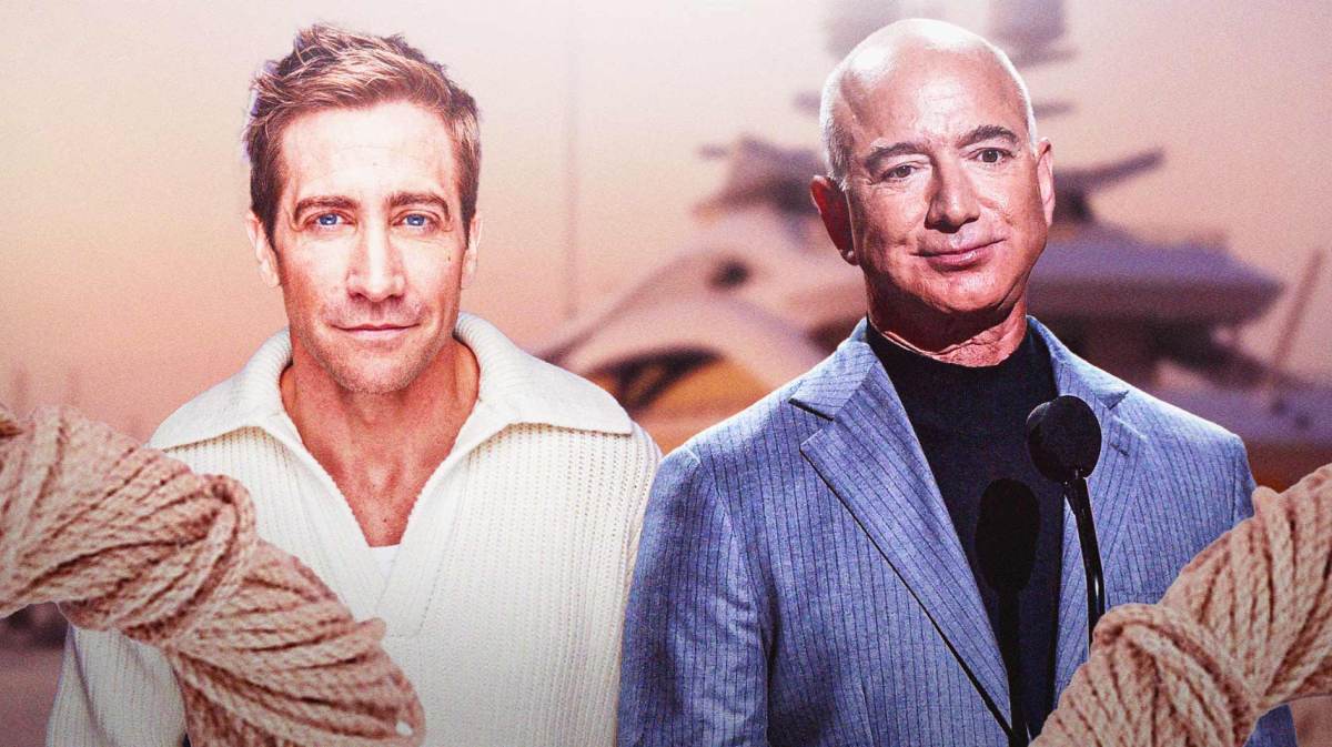 Jake Gyllenhaal next to Amazon head Jeff Bezos with yacht background.