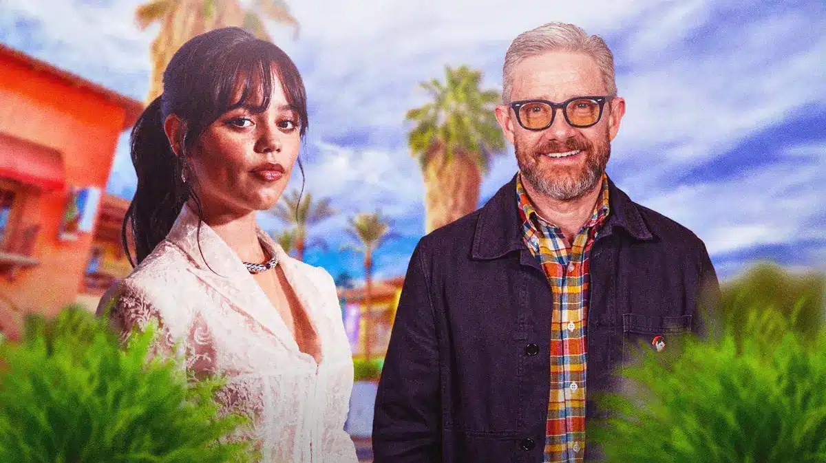 Jenna Ortega and Martin Freeman with Palm Springs background.
