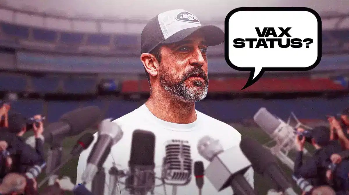 Jets' Aaron Rodgers at a podium answering questions from reporters. Have him saying the following: VAX STATUS?