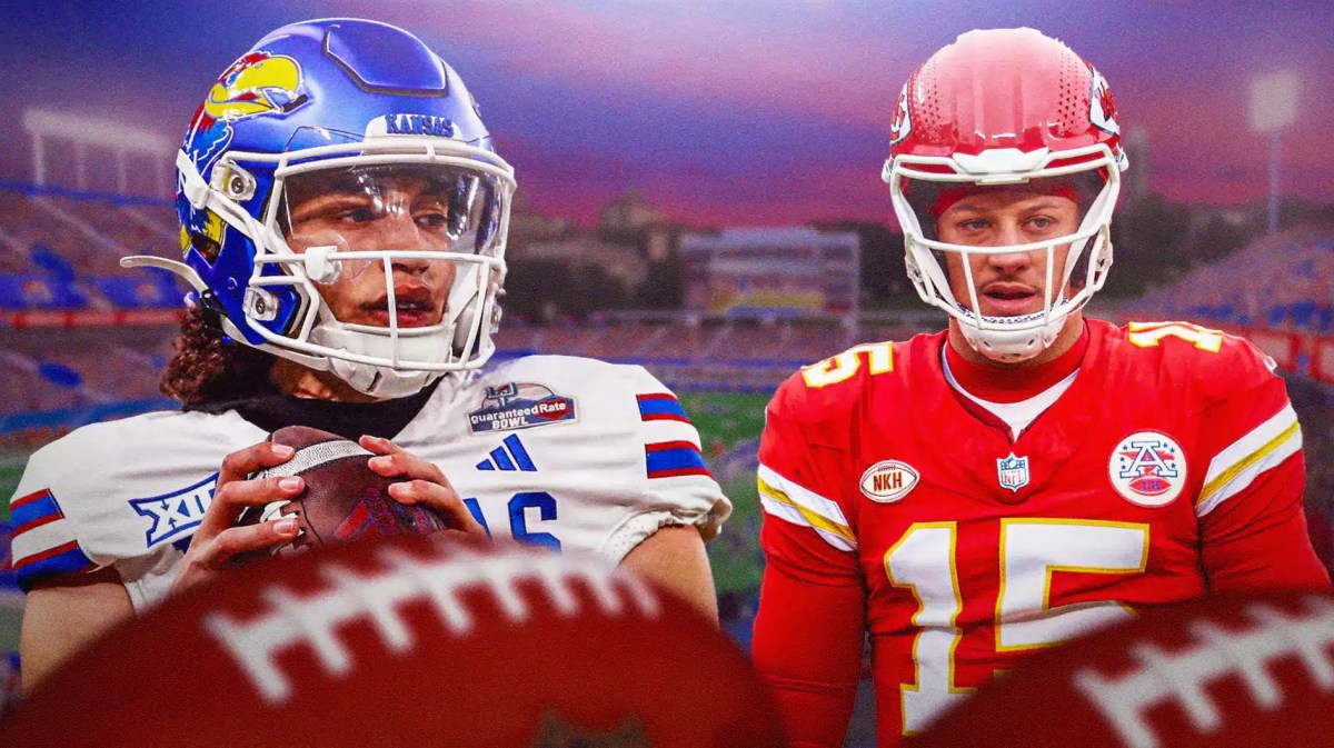 Kansas football, Jayhawks, Jason Bean, Patrick Mahomes, UNLV football, Jason Bean in Kansas uni and Patrick Mahomes with Kansas football stadium in the background