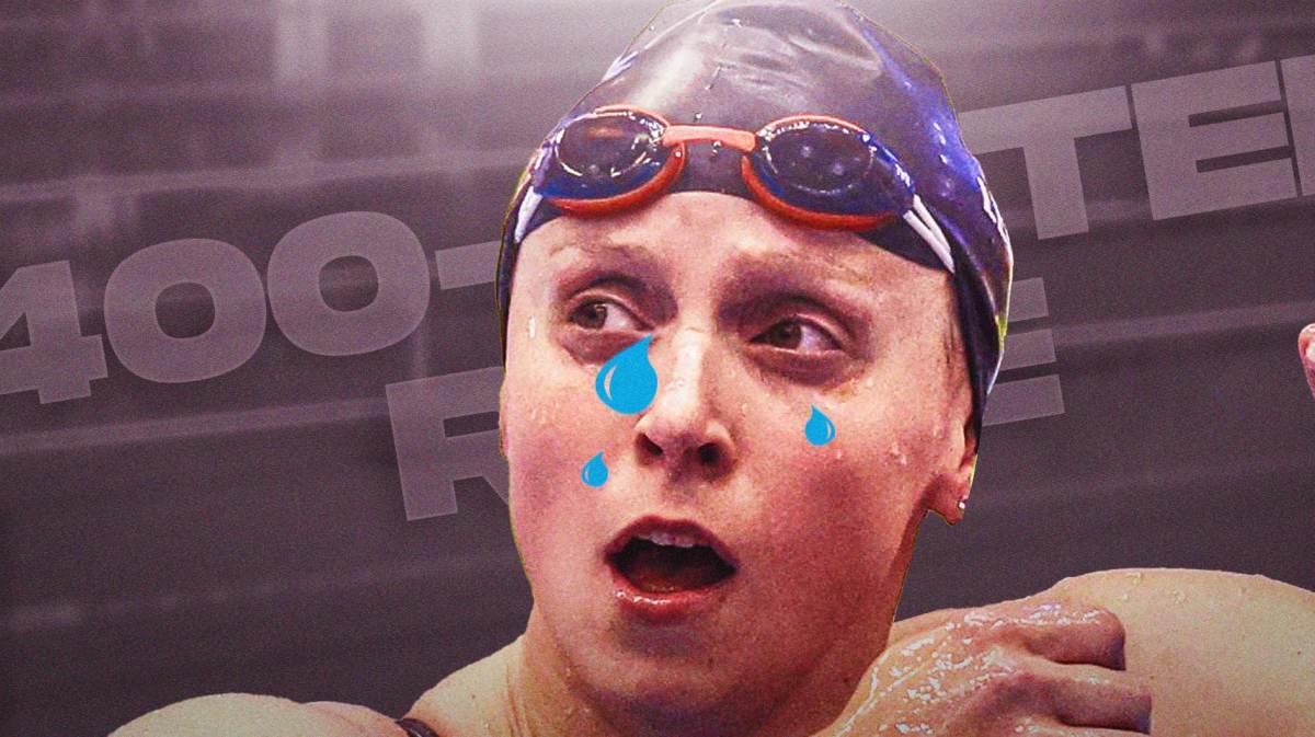 Swimmer Katie Ledecky with tear drop emojis on her face