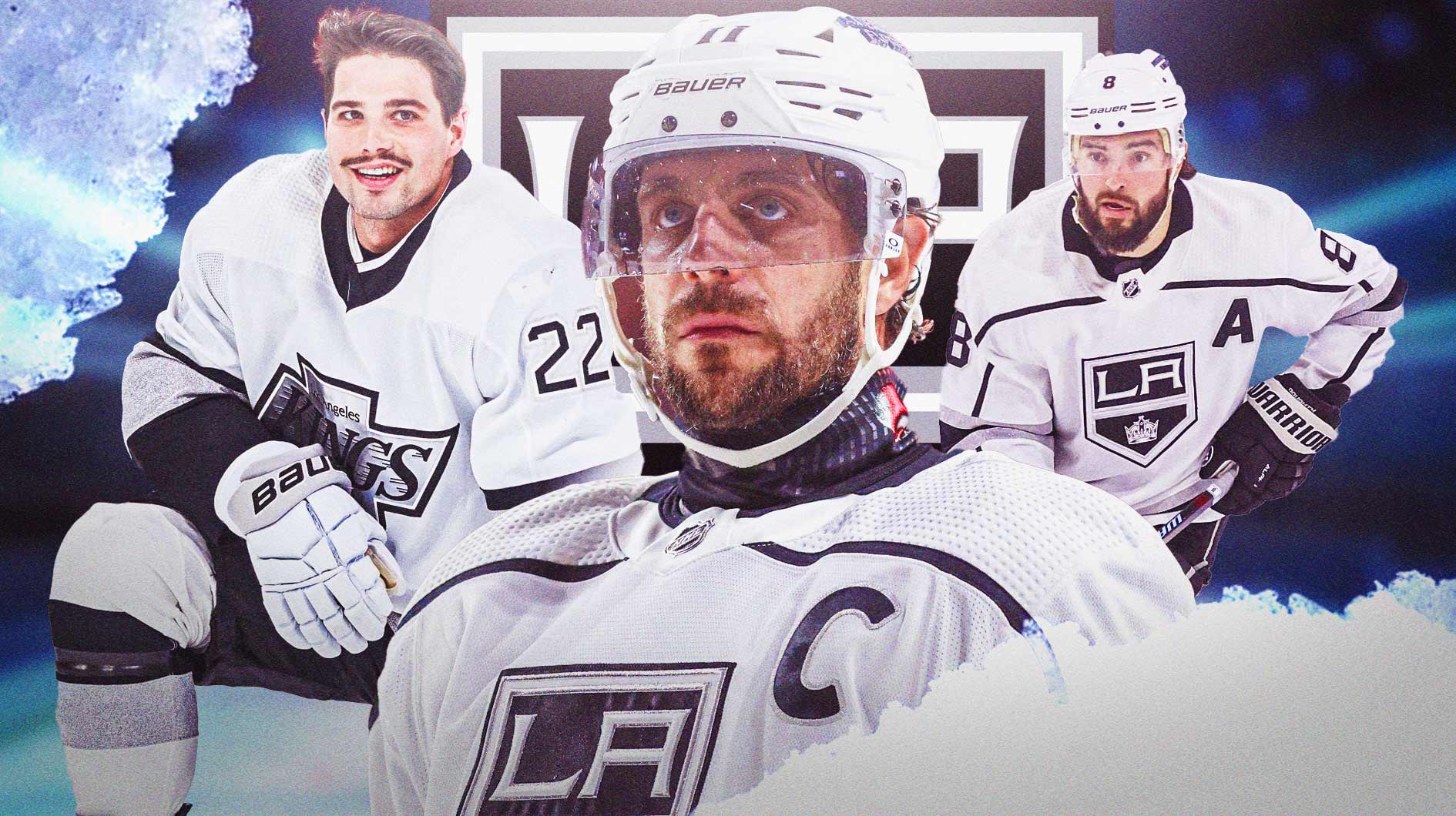 Anze Kopitar, Drew Doughty and Kevin Fiala all in image with fire around them, LA Kings logo, hockey rink in background