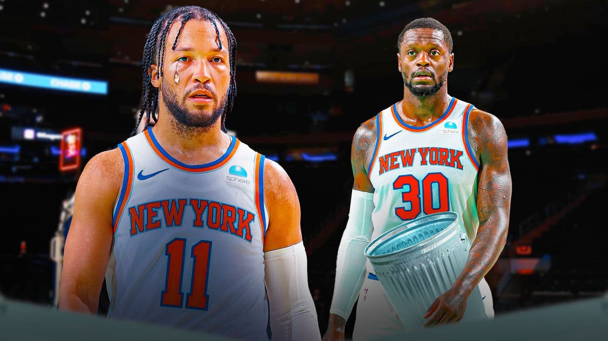 Knicks' Jalen Brunson with animated tears. Julius Randle holding a trash can