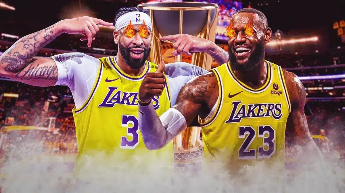 LeBron James with fire in their eyes with the NBA In-Season Tournament trophy in the background