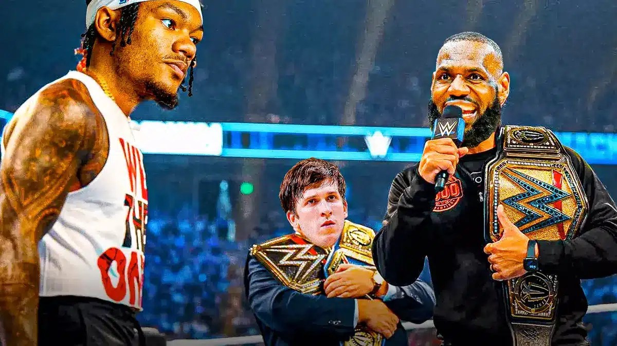 LeBron James (Lakers) as Roman Reigns (with the mic), Austin Reaves as the guy in the back, and Alex Fudge (Lakers) as the guy in white shirt