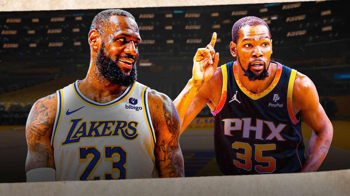Lakers forward LeBron James on the left, smiling at Kevin Durant on the right.