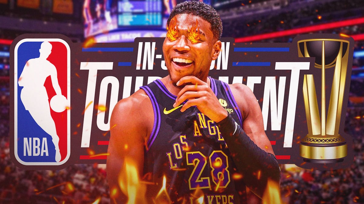 Rui Hachimura with fire in his eyes. NBA In-Season Tournament logo in the background