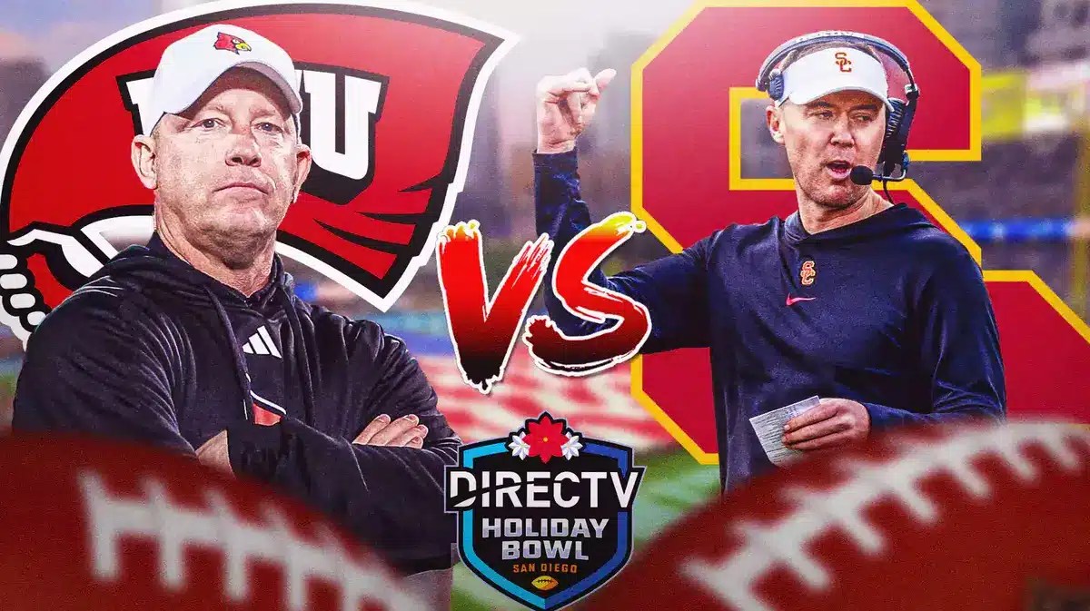 Jeff Brohm, USC logo vs. Lincoln Riley, USC logo. DIRECTV Holiday Bowl logo in the front.