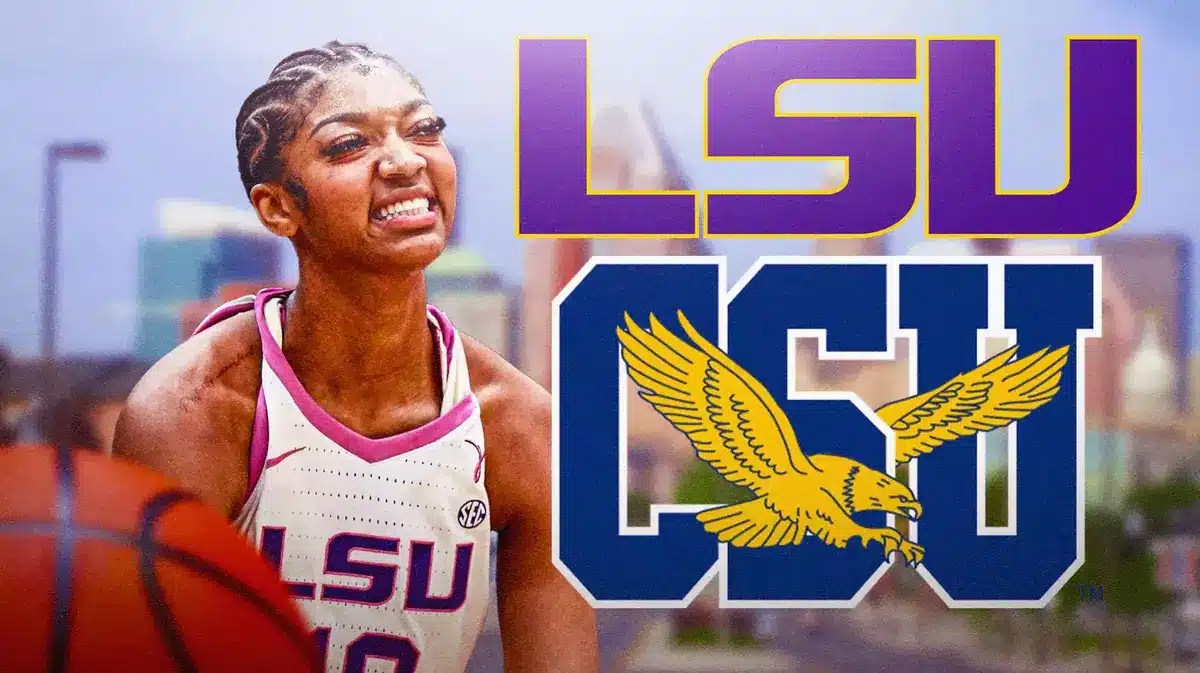 Graphic - LSU women’s basketball player Angel Reese, in her LSU uniform, with an image of the city of Baltimore, Maryland in the background, with the LSU and Coppin State logos
