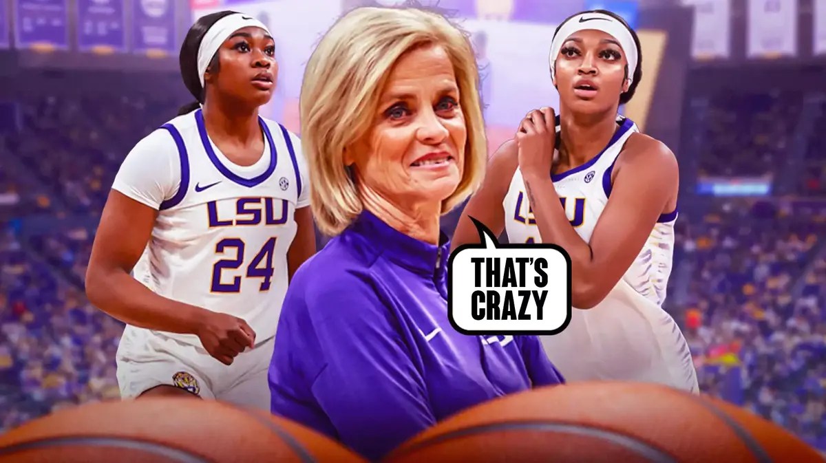 LSU women’s basketball coach Kim Mulkey with a text bubble saying “That’s crazy” with a couple different LSU women’s basketball players like Angel Reese and Aneesah Morrow