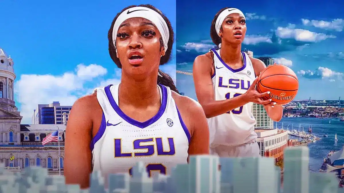 LSU women’s basketball player Angel Reese, in her LSU uniform, with the city of Baltimore, Maryland, in the background