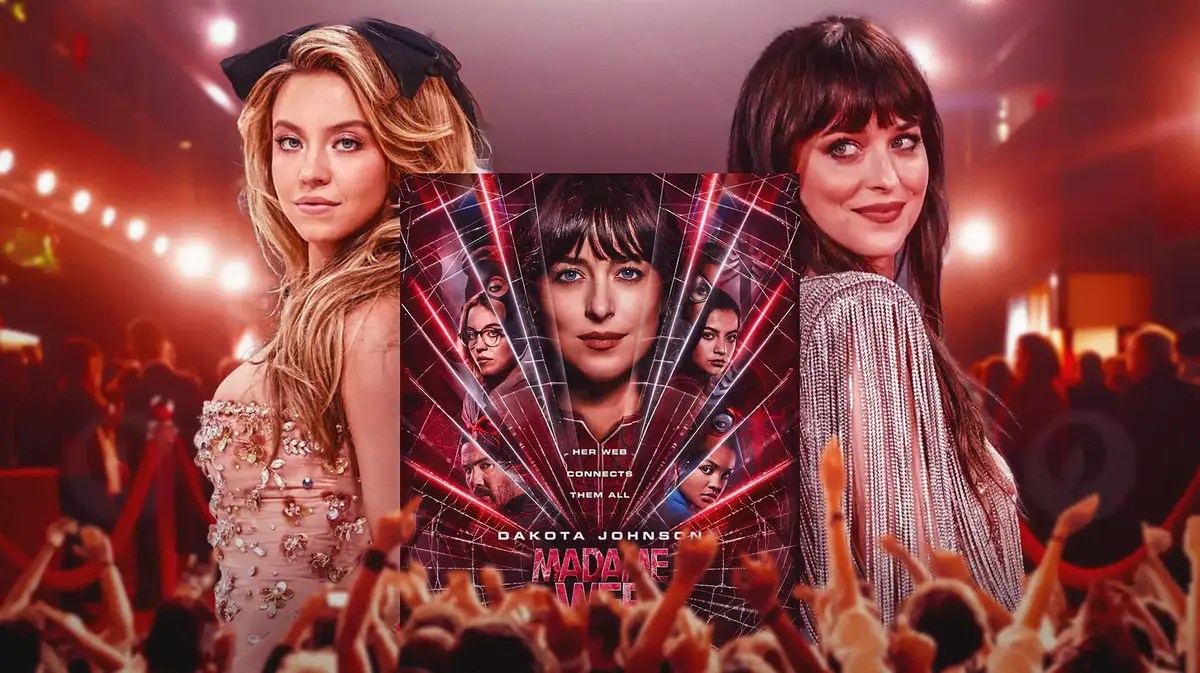 Sydney Sweeney and Dakota Johnson with Madame Web poster.