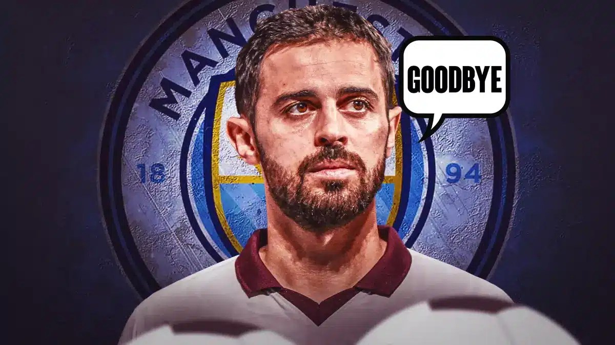 Bernardo Silva saying: ‘goodbye’ in front of the Manchester City logo